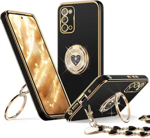 Galaxy Note 20 case with Stand, for Samsung Galaxy Note 20 Case with Double Ring,Women Girls Cute Love-Heart Luxury Bling Protective Case Heart for Samsung Note 20 Case, Black