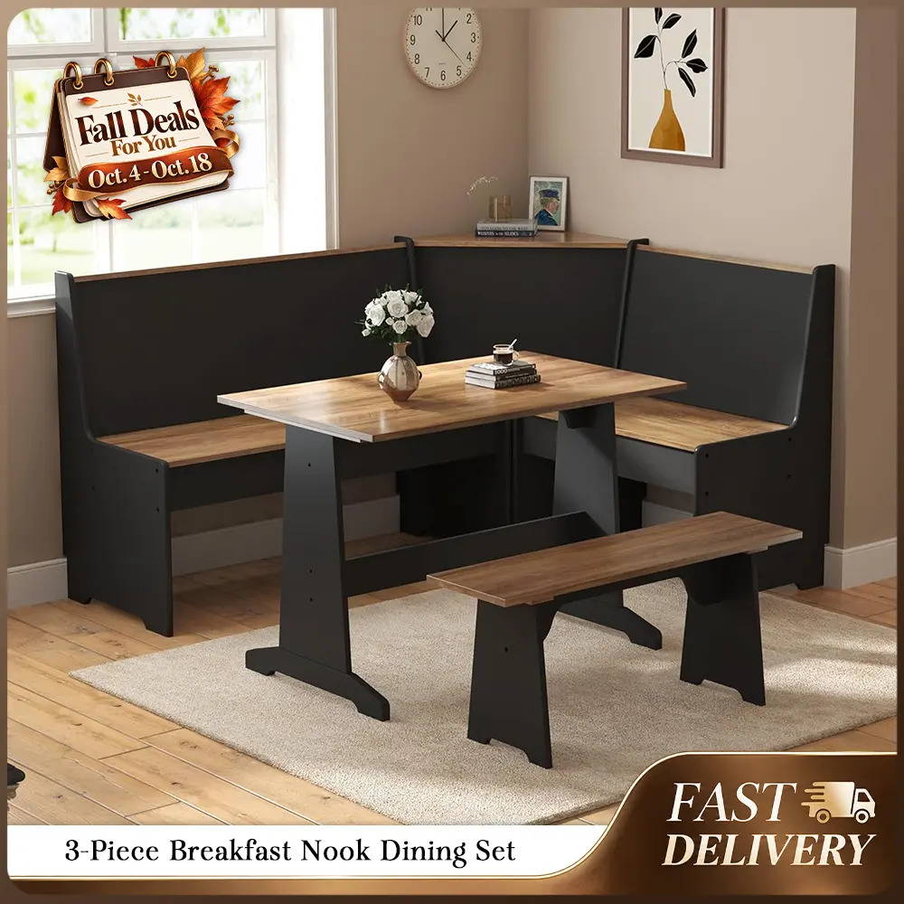[Ships in 2 Boxes] AMERLIFE 3-Piece Breakfast Nook Dining Set, L-Shaped Corner Bench with Hidden Storage, Space-Saving Kitchen Table Set for Small Spaces, Black & Oak[TikTokShopFallDealsForYou]