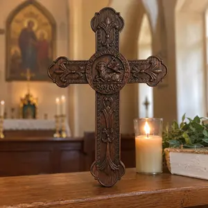 Lamb of God Wood Carving Cross Wall Decor - Paschal lamb