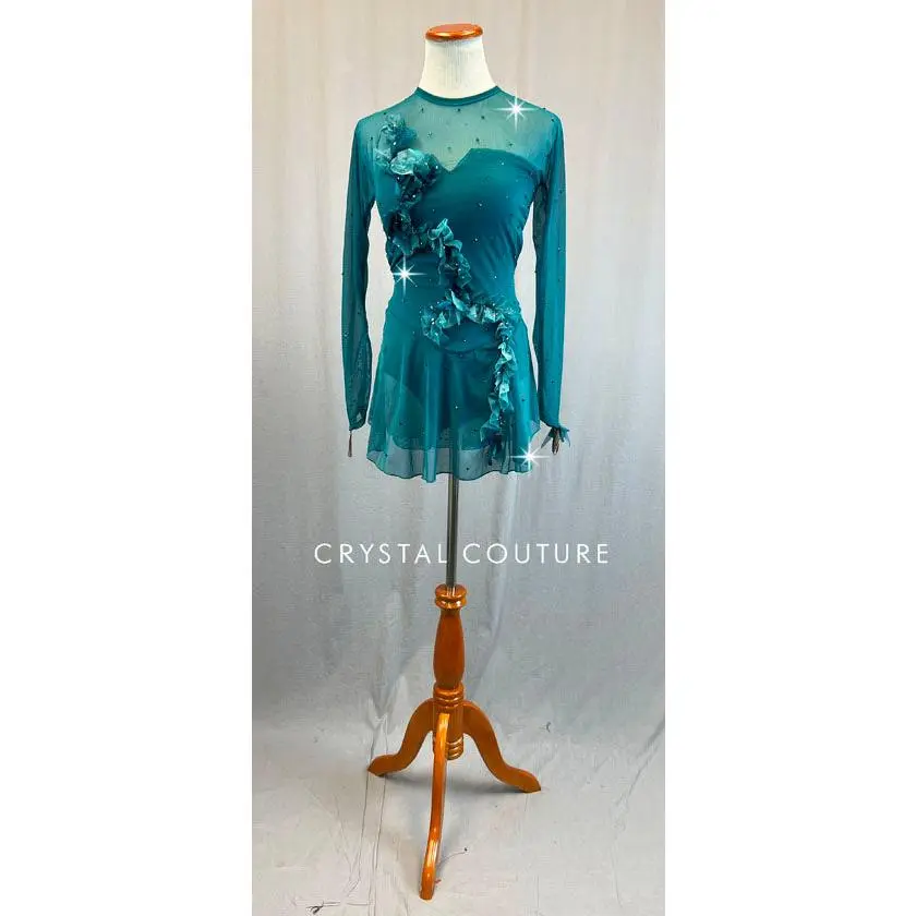 Custom Teal Long Sleeve Mesh Dress - Appliques & Rhinestones