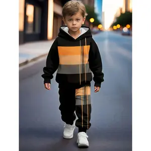 Boys' 2-Piece Polyester Sportswear Set (Ages 1-8) - Hooded Contrast Stripe Sweatshirt, Ribbed Cuffs Jogger Pants, Lined for Autumn/Winter Warmth, Slightly Stretchy, Simple Style for Running