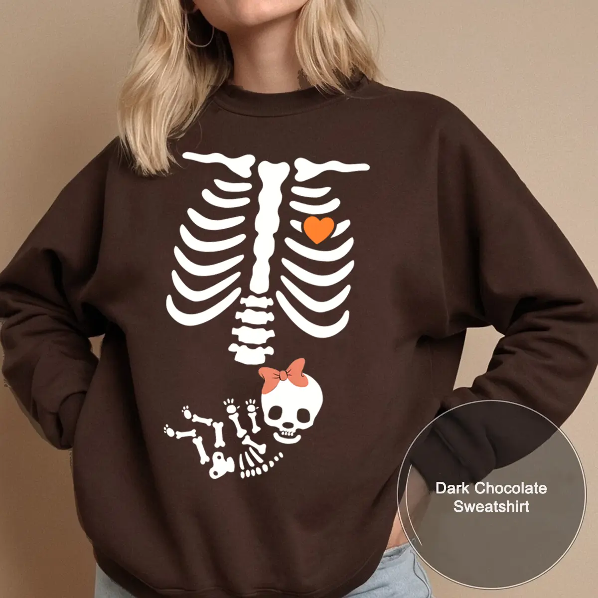 Baby Skeleton With Bow Halloween Maternity Sweatshirt, New Baby Girl Pregnancy Announcement Shirt 2024, Pregnant Women Costume, Mom Sweater, Mama to Be
