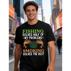 MenS Casual T-Shirt with Smoking Fish & Weed Graphic - 420 Day Design, Round Neck, Short Sleeve, Regular Fit, All-Season Wear, Everyday Tshirt Humorous Graphic Tee Tshirt.png