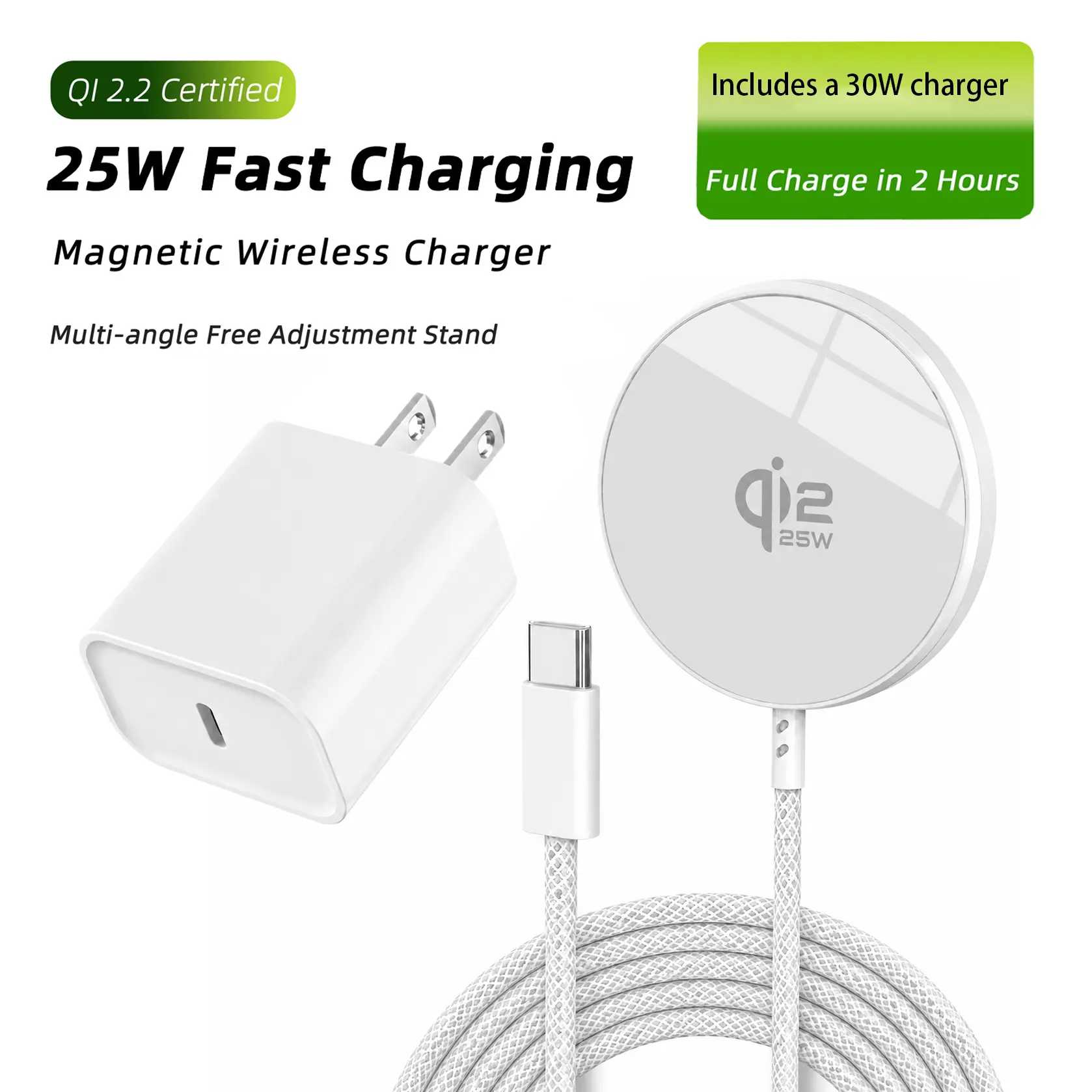 Qi2 25W Magnetic Wireless Charger , a fast-charging pad compatible with the iPhone 17/16/15/14/13/12 series and AirPods 4/3/2/Pro—a magnetic MagSafe charging pad with a 30W USB-C Charger