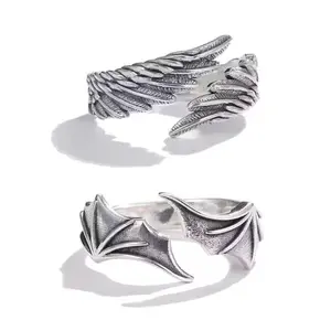Vintage Angel-Devil Wings Adjustable Alloy Unit Set Double Rings, 2-Piece Retro Silver Hip Hop Jewelry for Couples, Party Gifts, Alloy Rings, Double Rings Rings