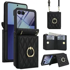 Ring Holder Protective Case  for Samsung Phone with Tempered Glass, Credit Card Slot, Anti-Drop PU Leather Phone Cover Fit Galaxy Z Filp 7 6 5 4 Series