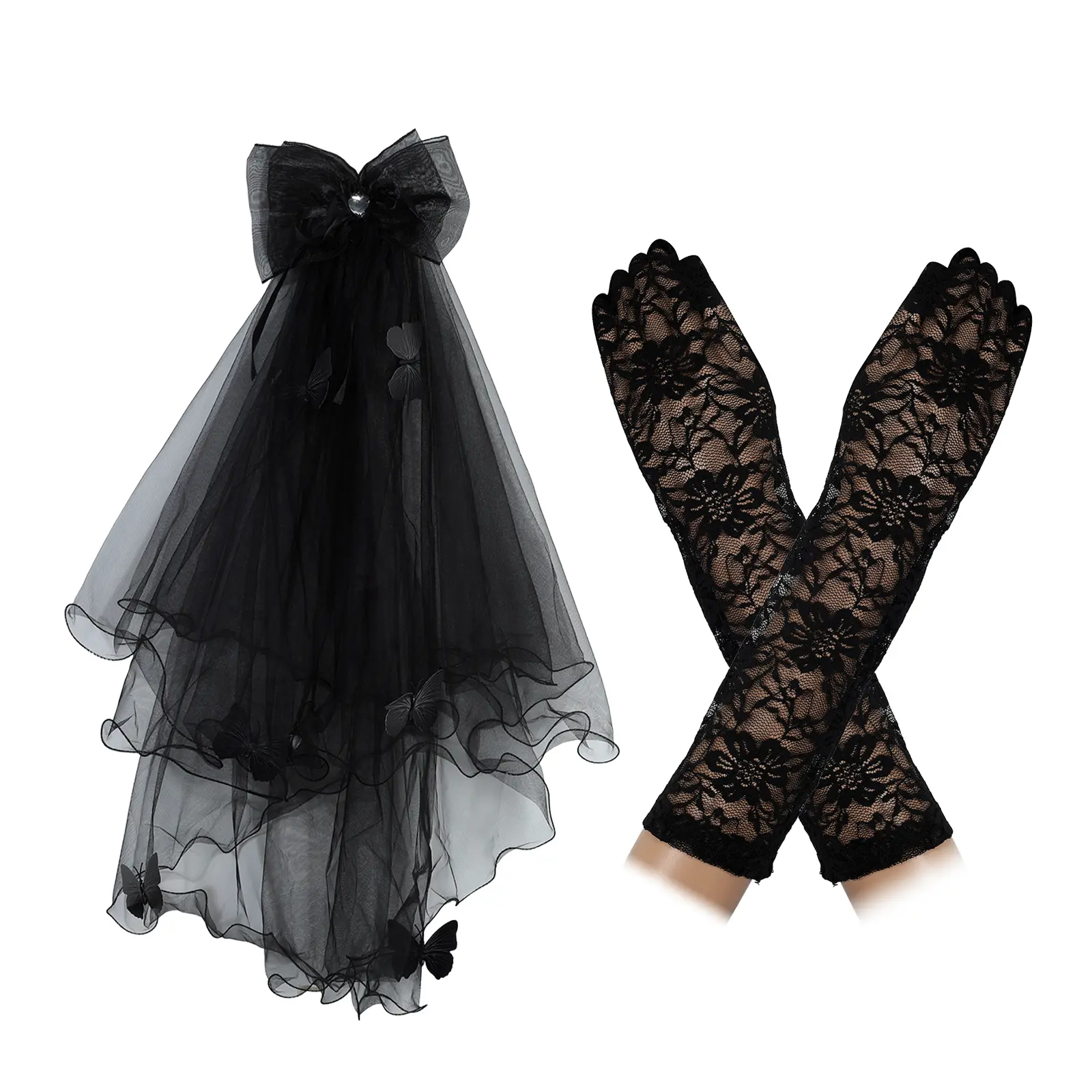 OIDEA Women's 2-Piece Gothic Accessory Set - Lace Veil & Gloves in Breathable Mesh Fabric, Comfortable Wear, Dual-Use Veil for Rites for Wedding or Funeral, Formal Events