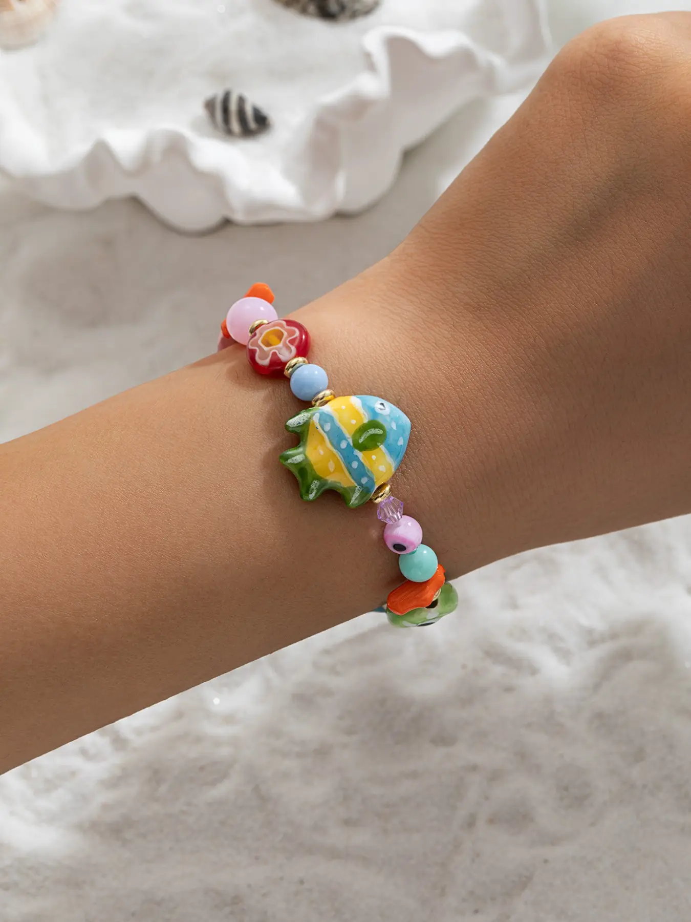 Women's Ceramic Beaded Bracelet, Fashion Bracelet, Bangle Jewelry, Ceramic Material, Random Color Fish Turquoise Starfish Design, Daily Wear Jewelry for Vacation Beach Play, Starfish Accents