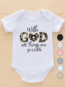 With God All Things Are Possible Baby Bodysuit, Leopard Print God Heart Cross Script Letter Short Sleeve 100% Cotton Newborn Infant Romper Onesie