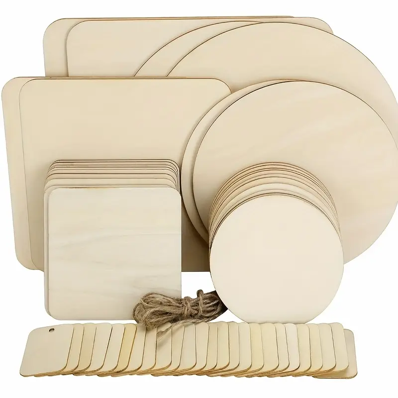 54pcs Untreated Wooden Board for Handicrafts with Twine, Round Square Heart-shaped Wooden Slices Blanks, Branding Painting Painting Writing Staining Wooden Board Set, for DIY Crafts, Party Decoration