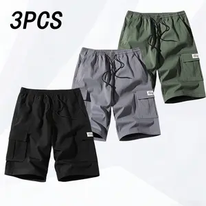Men’s 3-piece summer cargo shorts set, 5-inch pants, suitable for outdoor sports and exercise, casual vacations, drawstring waist, polyester fiber#SummerVibes