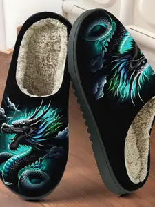 Blue Dragon Print Cotton Slippers, Casual Fall & Winter Warm Home Shoes, Anti-Slip Thick Sole, Unisex Textile Indoor Footwear