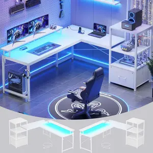 Sikaic Reversible 51" L-Shaped Gaming Desk with LED Strip, Power Outlet, Fabric Drawer, Storage Shelves and Monitor Shelf for Home Office