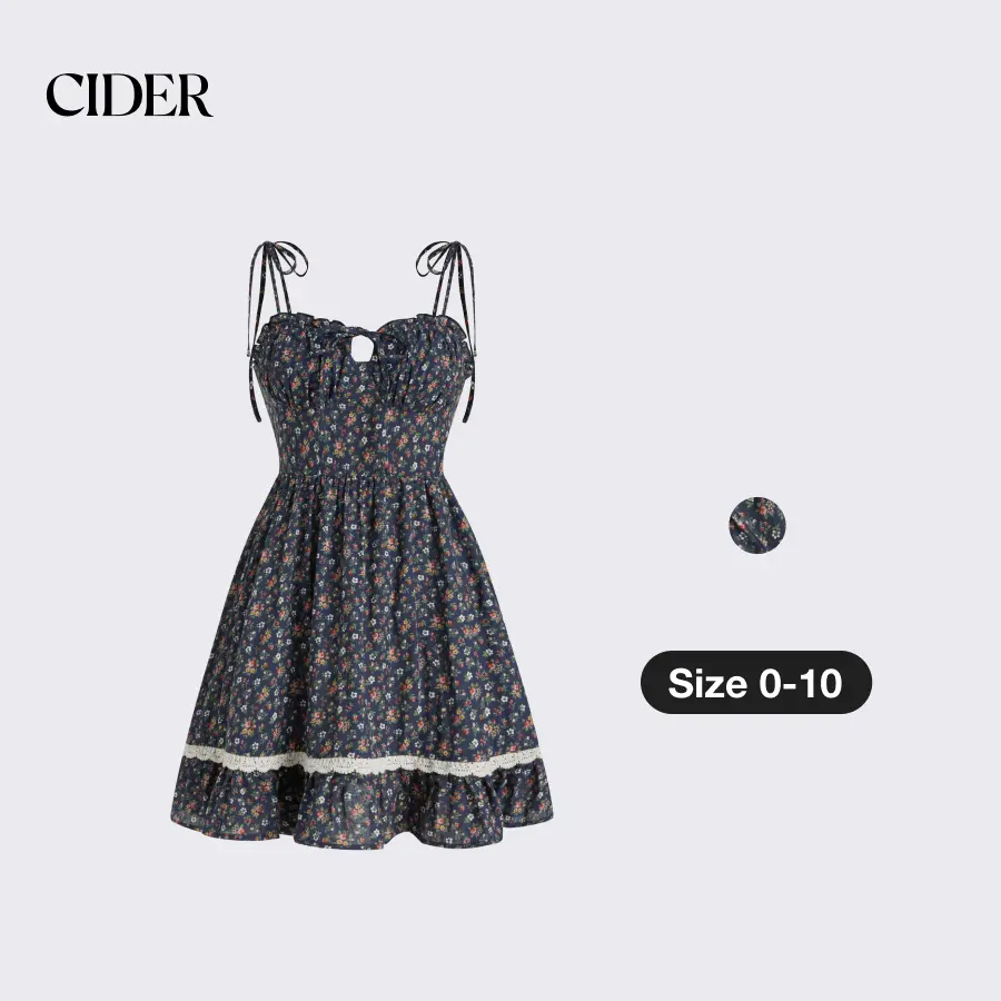 Cider Sweetheart Neck Cotton Mini Dress – Floral Tiered A-Line Dress with Adjustable Straps & Lace Trim, Cute Spring&Summer Knotted Front Dresses for Women