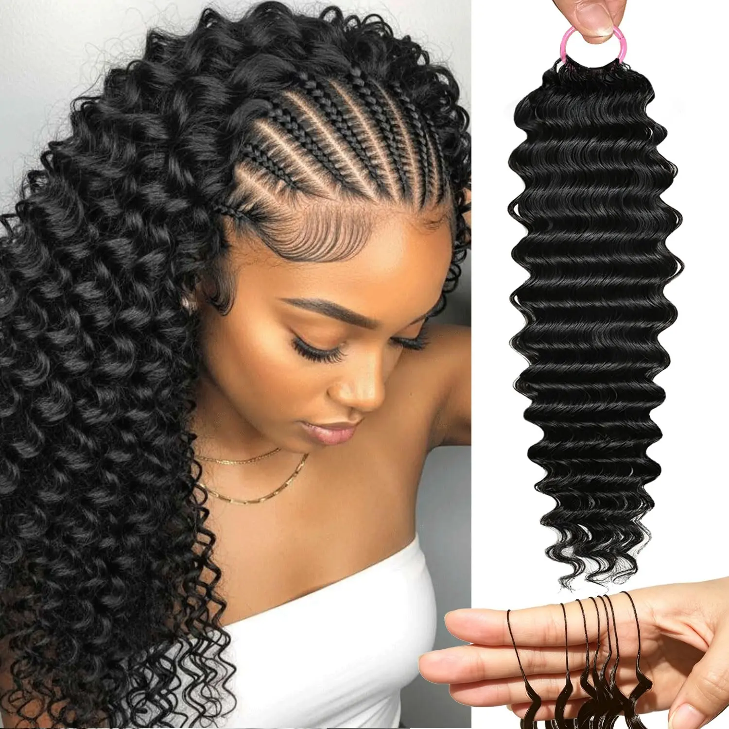 Bling Hair Natural Color 14-22Inch Deep Wave Feather Crochet Human Hair For Women Lightweight Knotless Feather Extension Pre-Separated Invisible Miracle Knots Hair Extensions, Wet And Wavy Lightweight Reusable Human Crochet Bundles