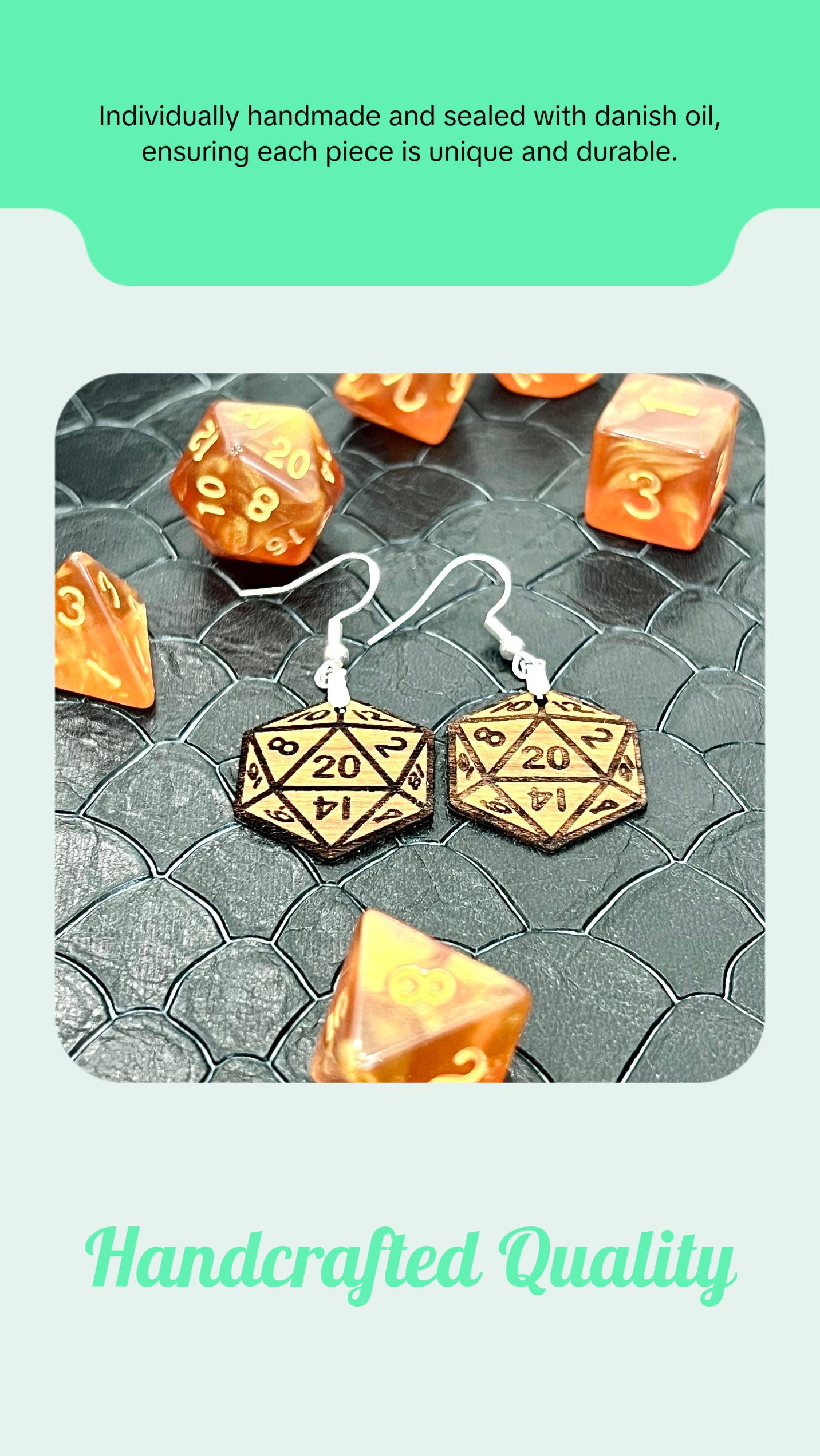 D20 DICE Walnut Earrings Silver S925 clamp style hooks- D & D inspired Walnut Earrings