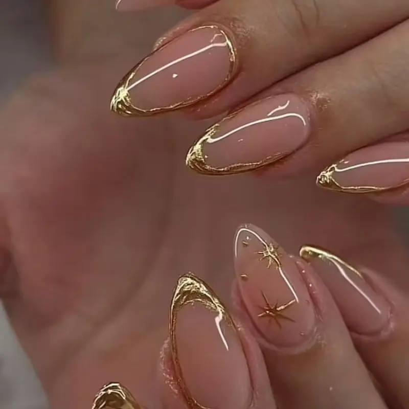 24pcs Elegant Nail Tips, Medium-Length Pointed Shape, Nude Base with Gold Star Accents, Easy Wear, Perfect for Daily Use