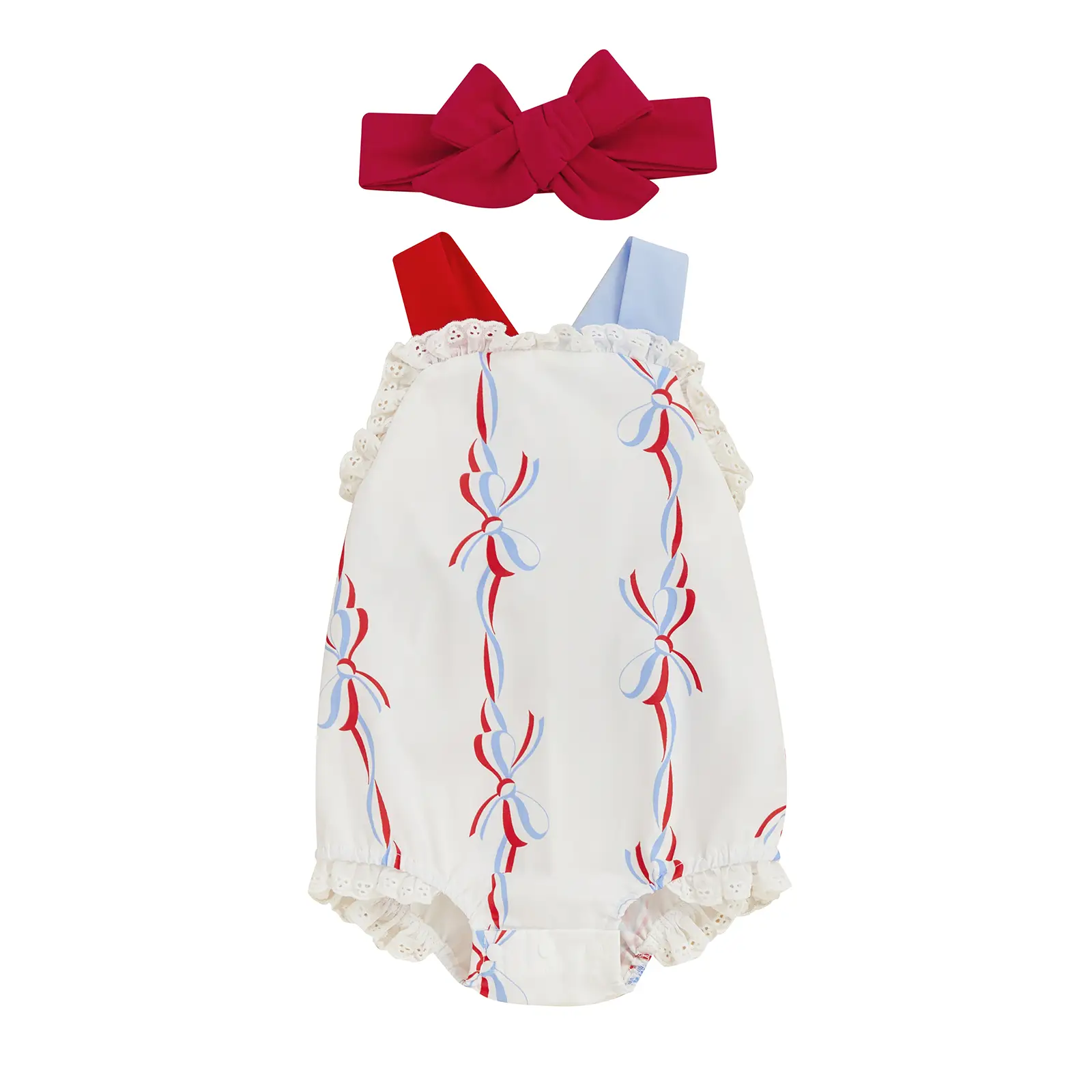 Infant Baby Girl Independence Day Romper Sleeveless Bow Print Lace Trim Overalls with Headband