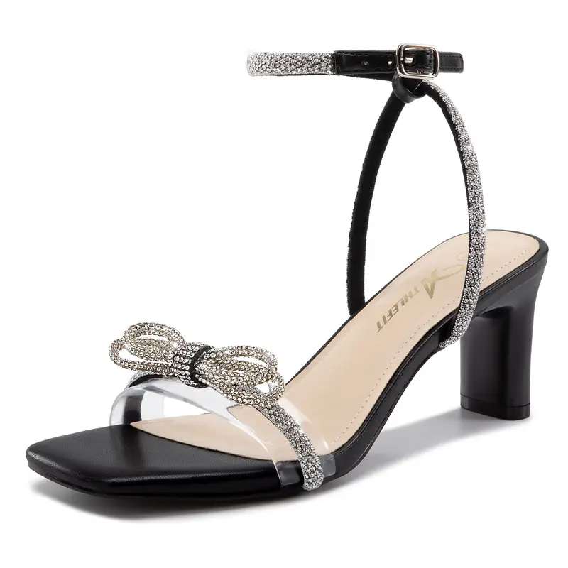Athlefit Women's Elegant Rhinestone Bow PU Footwear Sandal - Open Square Toe Block Heel Ankle Strap Buckle Heels for Party, Wedding, Gifts for Women