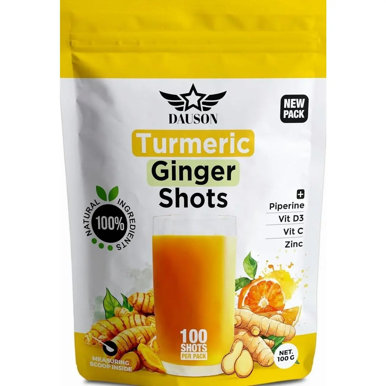 Turmeric Ginger Supplements with Piperine, Vitamin C, Vitamin D3 & Zinc | 100 Servings of Ginger Turmeric Shots for Joint, Heart, Brain, Gut & Skin Health | Ayurved | Powder