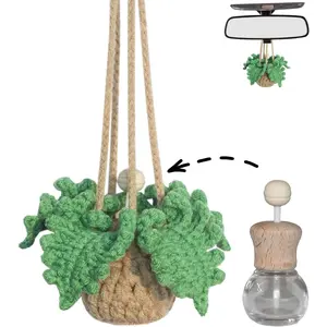Handmade Crochet Car Air Freshener - Adorable Bendable Fern Plant with 8ml Empty Refillable Oil Diffuser Bottle, Suitable for Car Rearview Mirror Hanging, Home & Office Decor