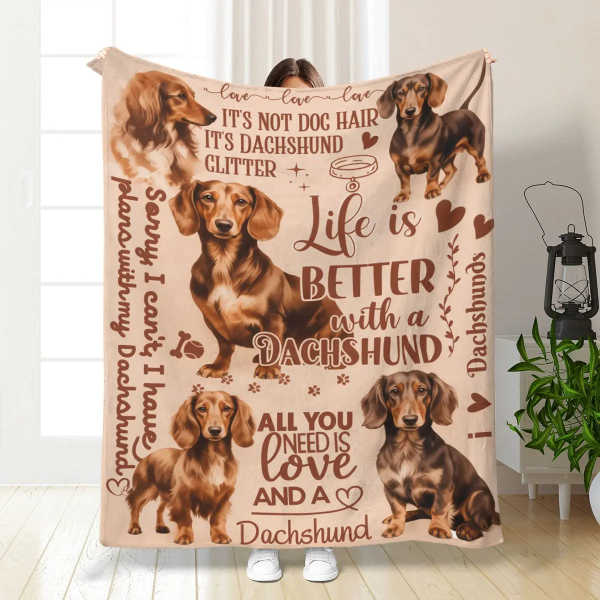 Women's Sausage Dog Flannel Blanket Gift, Side View Sausage Dog Blanket, Perfect Gift for Dog Moms, Traditional Style