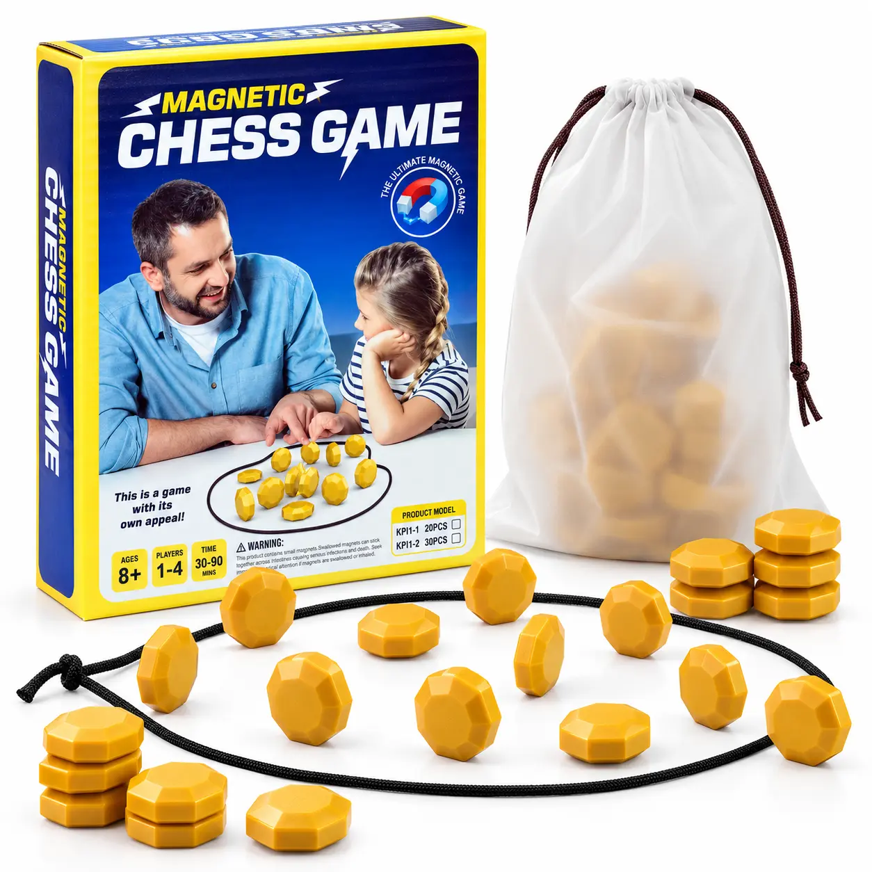 Magnetic Chess Game with 20 Stones & String, Magnet Strategy Board Game for Family Game Night, Portable Tabletop Puzzle Game for Kids & Adults, Party & Travel Game
