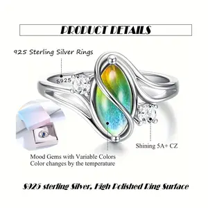 1pc S925 Sterling Silvery Mood Ring for Women Vintage Cubic Statement Ring Color Change Mood Stone Ring-925 Sterling Silvery Rings for Christma's Gift,Ideal for New Year & Daily Wear, Perfect Gift Color Changes with Temperature