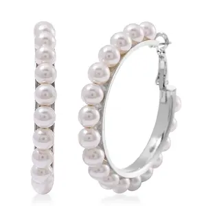 Shop LC White Shell Pearl Hoop Earrings in Stainless Steel Shop LC White Shell Pearl Hoop Earrings in Stainless Steel