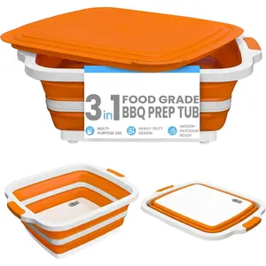 BBQ Prep Tub, Multifunctional Camping Cutting Board with lid, Meat Prep Tub for Meal Prep Marinating Food, Tailgate Container with Lid, Collapsible Food Storage Containers Gifts Boyfriend,Husband and Father BBQ Brisket Starter Kit (Orange)