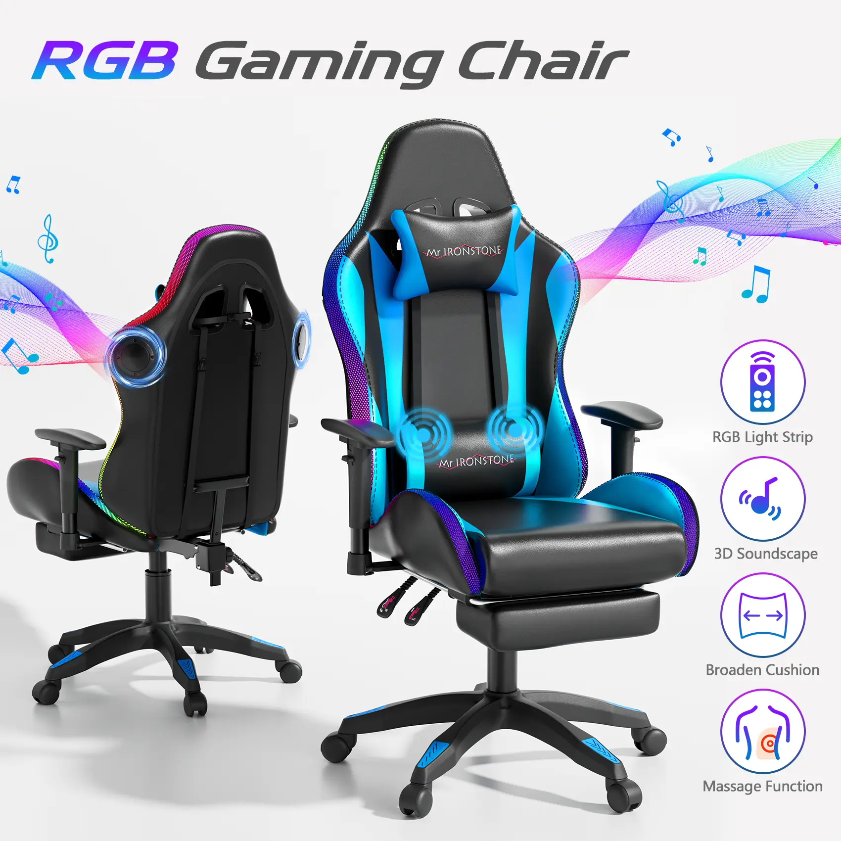 【Wider Seat】Mr IRONSTONE Gaming Chair with Speakers and Rgb Lighting Ergonomic Massage Computer Gaming Chair with Broaden Cusion and Footrest High Bac