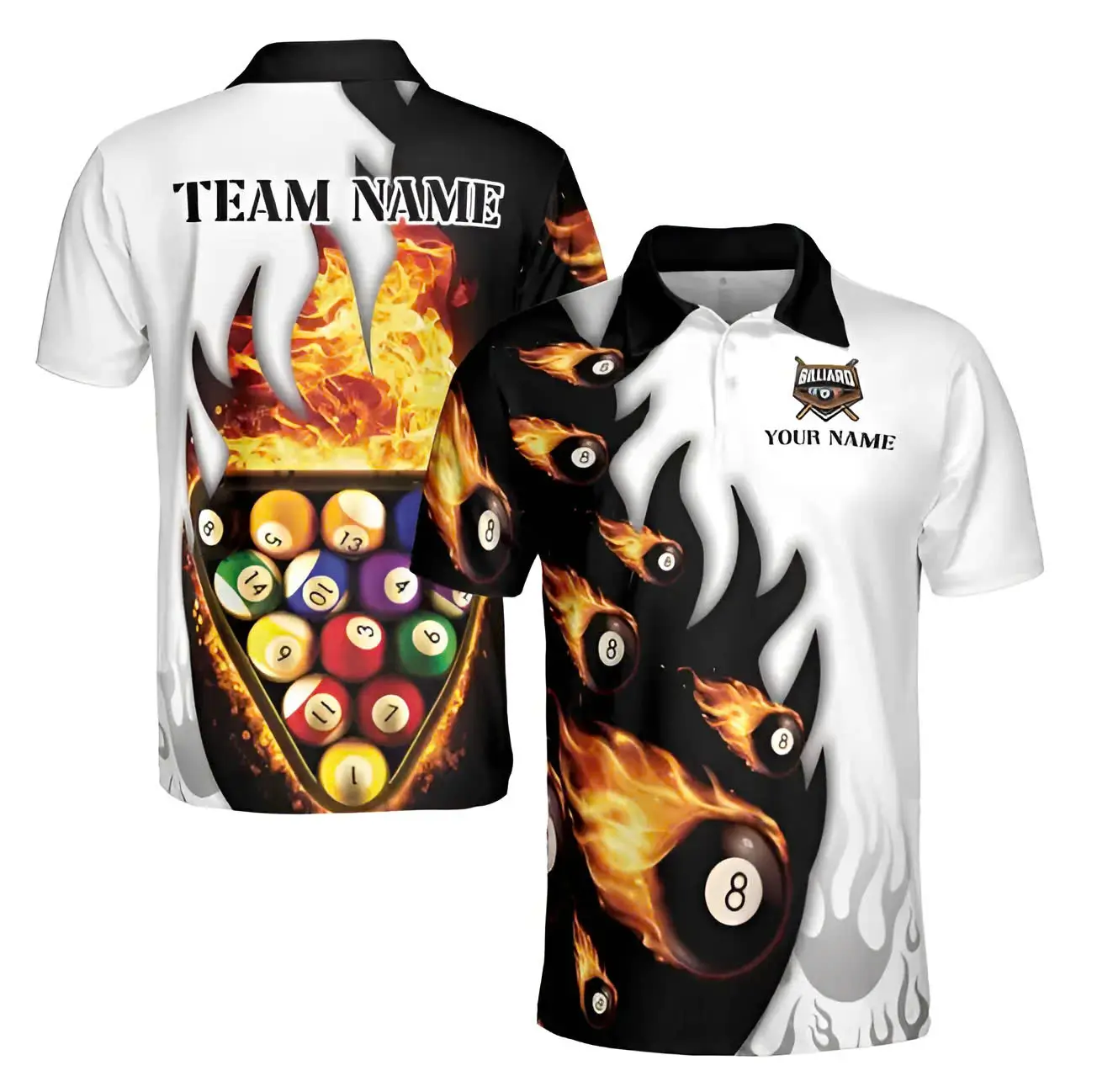 3D Billiards Fire Polo Shirt – Blazing Passion, Billiard Player Class! Fabric Menswear