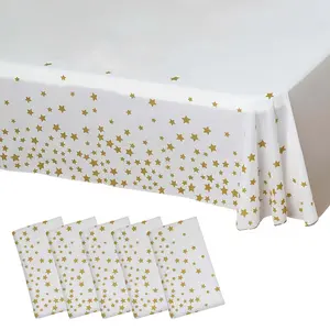 5-Pack Plastic Table Covers White Rectangle with Gold Stars - Decorative PVC Disposable Tablecloths 54"x108"