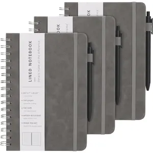 Spiral Notebooks Journal for Women Men 3 Pack Bulk Leather Hardcover with Pen Holder A5 160 Pages 100 GSM Thick Paper for Work School (Gray)