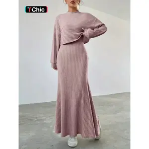 Women's Solid Color Long Sleeve Top & Long Dress Set, Casual Top, Lady Fall & Winter Clothes for Daily Wear