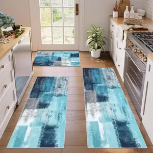 Kitchen Mats for Floor 3 Piece Set Boho Non Slip Kitchen Rugs Washable Farmhouse Kitchen Floor Mats Thick Long Kitchen Throw Area Rug Carpet Runner for Hallway Entryway Laundry Bathroom, Teal