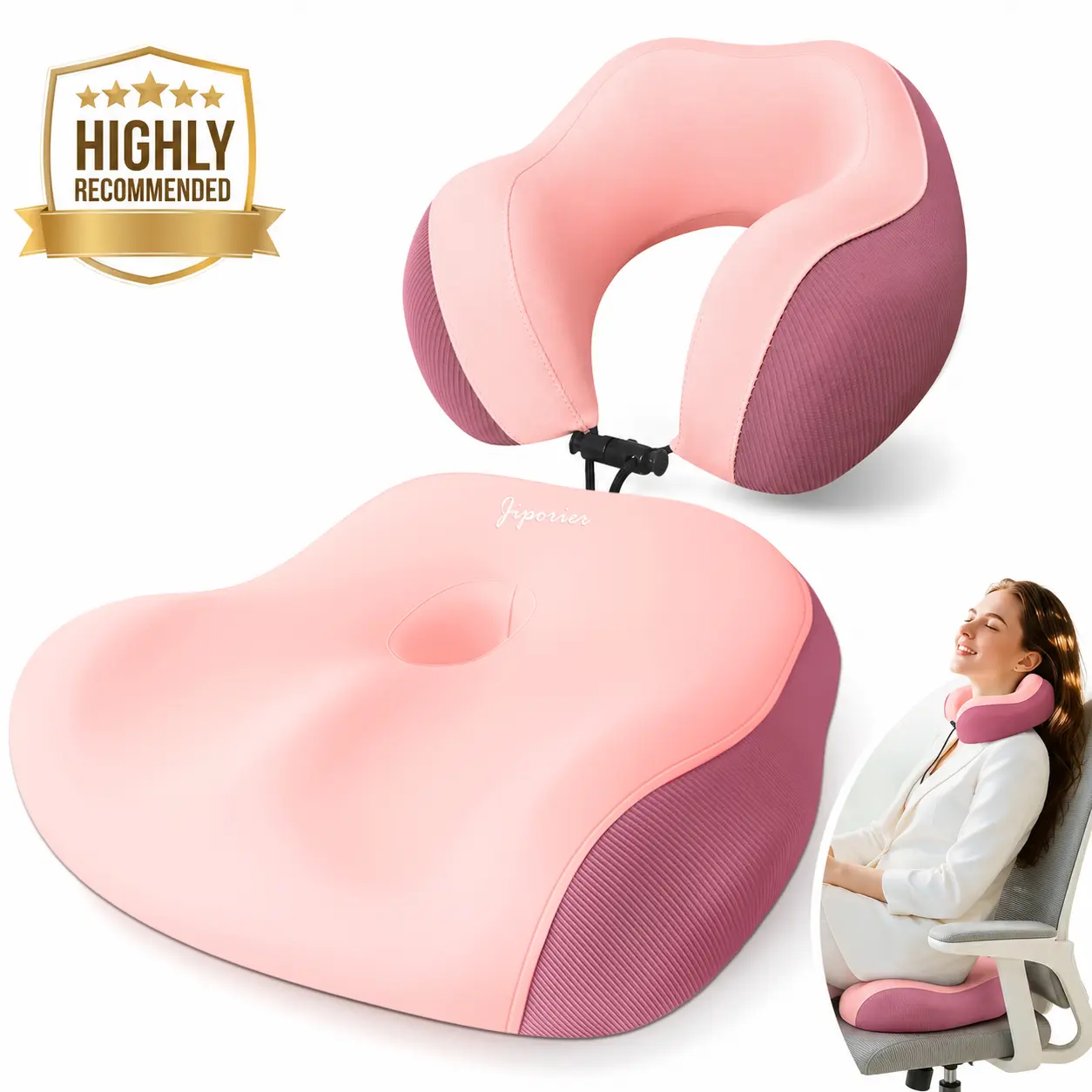 Durable Memory Foam Seat Cushion & Neck Pillow Combo - Hip, Tailbone, Sciatica Relief, Non-Slip Bottom, Built-In Handle, Travel-Ready - Provides good postural support for long-distance drivers, Students, Truck Drivers