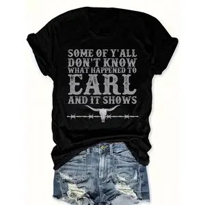 Women's Vintage Western Cotton Graphic T-Shirt - "Some of You Don't Know What Happened to El" Denim Print Crew Neck, 180G Shortsleeve Top, Casual Comfy Tee for Spring-Summer Streetwear Fitted Womenswear