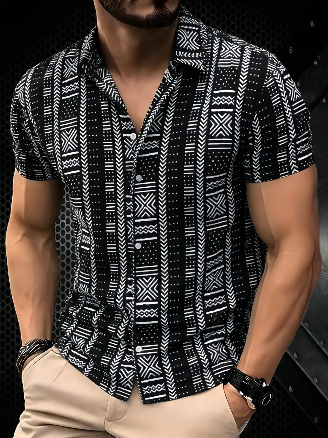 Men's Summer Short Sleeve Casual Collared Lightweight Breathable Shirt, Ethnic Pattern Printed Fashion Trendy Top, Button Front Fitted Beachwear, Versatile Holiday Clothing, Hawaiian Beach Shirt, Collared Shirts