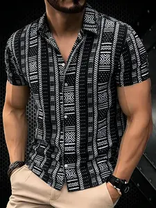 Men's Summer Short Sleeve Casual Collared Lightweight Breathable Shirt, Ethnic Pattern Printed Fashion Trendy Top, Button Front Fitted Beachwear, Versatile Holiday Clothing, Hawaiian Beach Shirt