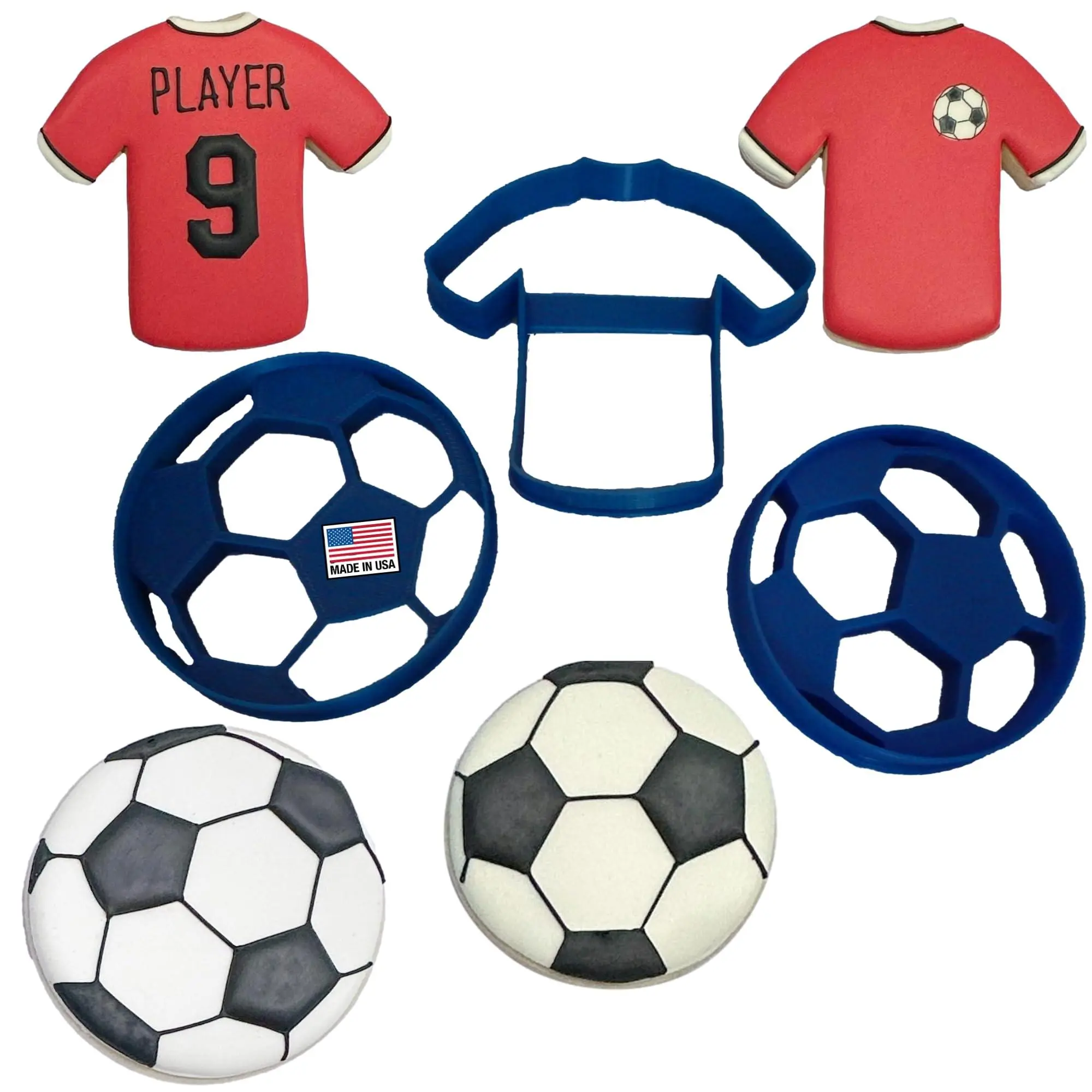 SOCCER BALL COOKIE CUTTERS WITH JERSEY American Soccer Football Sport Small Large Balls With Jersey Uniform T-Shirt Made In USA Cookie Cutters For Birthday Graduation (3 Pack)