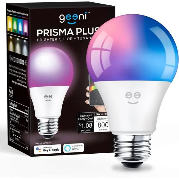 Geeni Prisma Plus Smart Light Bulb, 800-Lumen Color-Changing, 1-Pack | Tunable white, works with Alexa & Google Home, Wi-Fi control, app-enabled A19, energy efficient