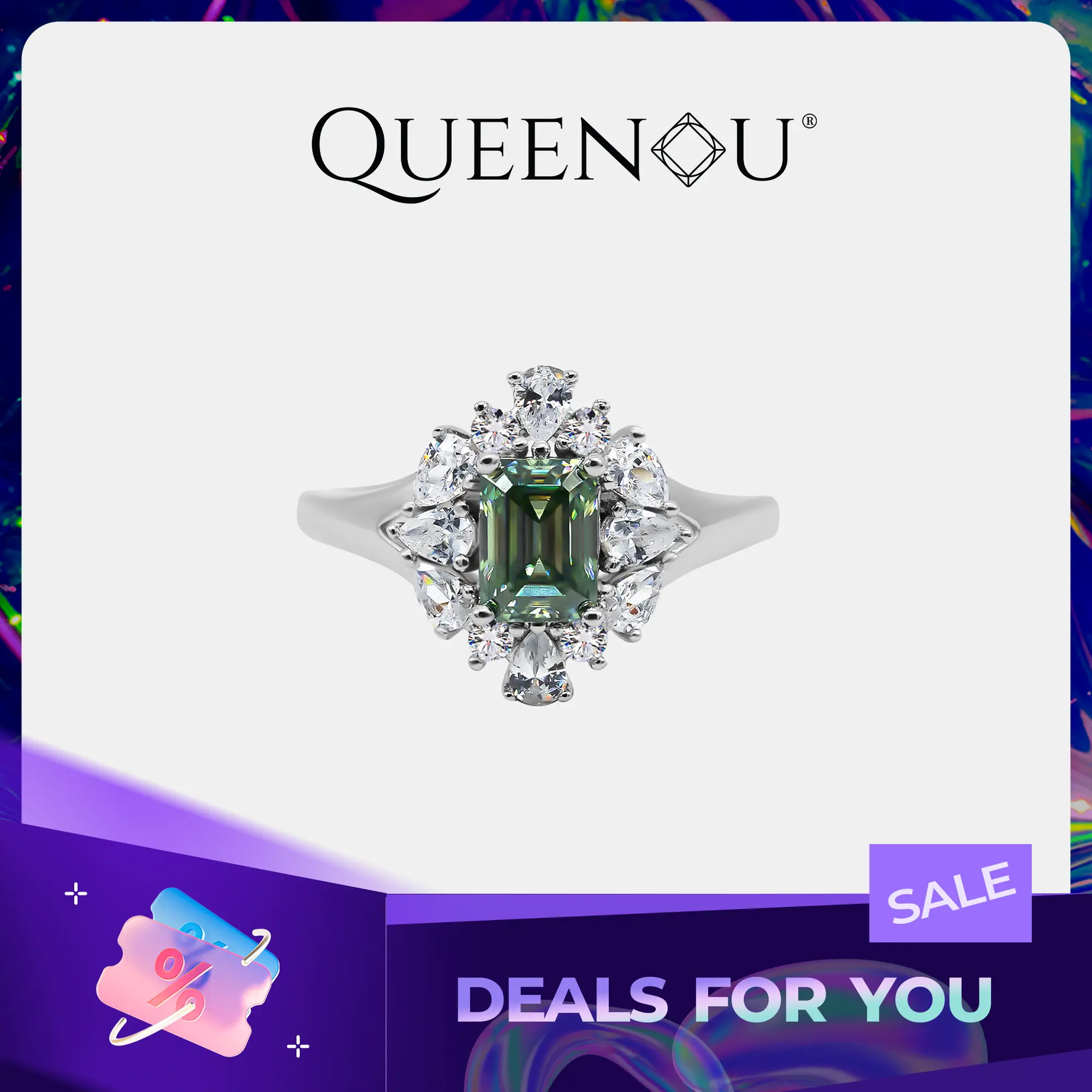 【741】Radiant Cluster 1 Carat Green Synthetic Moissanite Ring
