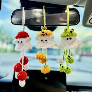 Premium Crochet Ghost Rearview Mirror Hanger: Halloween Pumpkin Bag, Handcrafted Fall Ornament
