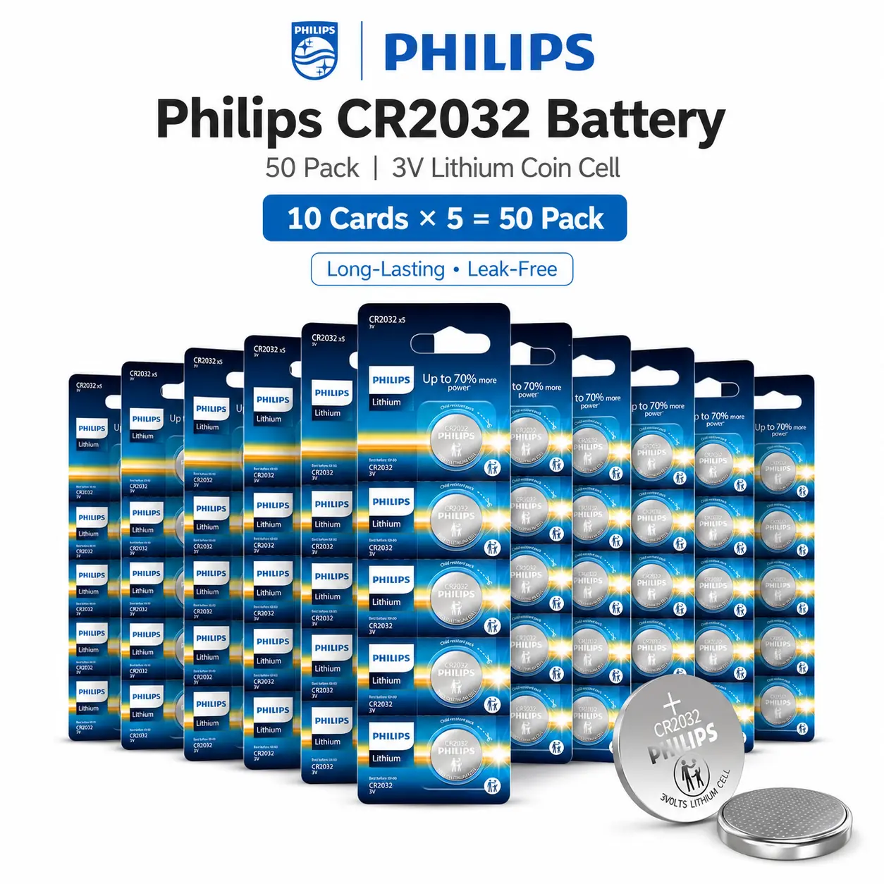 Philips CR2032 3V Lithium Coin Cell Batteries 50 Pack, Long-Lasting Bulk Button Batteries with 10-Year Shelf Life for Remotes, Sensors, Scales & Small Electronics