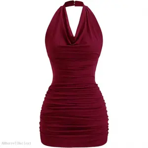 Women's Sleeveless Backless Halter Cowl Neck Ruched Bodycon Mini Dress, Sexy Lady Summer Party Sports Clothes