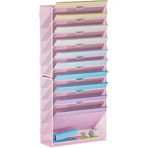 11-Tier Hanging Wall File Organizer, Wall Mount File Holder Great for Organizing Papers, Files, Clipboard & Magazines, Perfect Storage Organizer for Office Home, Pink