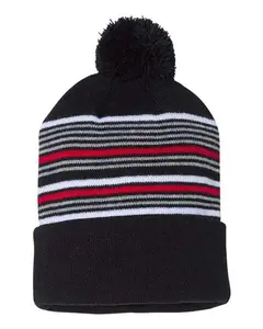 Sportsman SP60 12" Striped Pom-Pom Cuffed Beanie