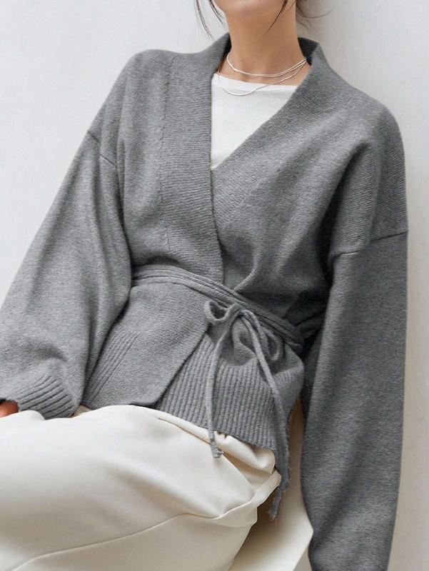Less Drop Shoulder Belted Cardigan casual cardigan cozy fall warm cardigan woman top v neck cardigan woman adorable  knitwear