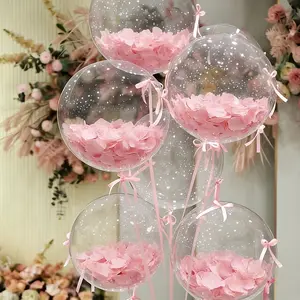 6-piece set of pink bow party balloons, including 6 18 inch bobballs, 300pcs pink petals, 1 roll of pink ribbon, and 1 roll of adhesive dots, suitable for weddings, birthday parties, bachelor parties, engagements, bridal parties, baby showers, etc